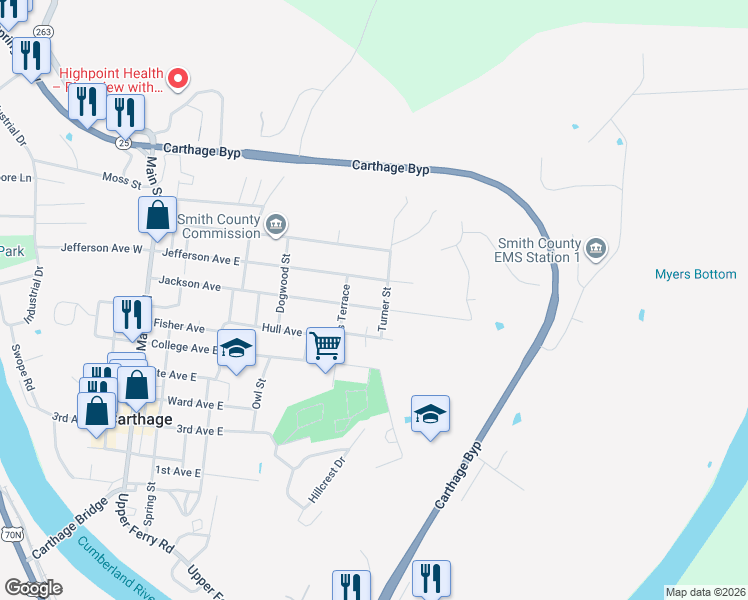 map of restaurants, bars, coffee shops, grocery stores, and more near 206 Turner Street in Carthage