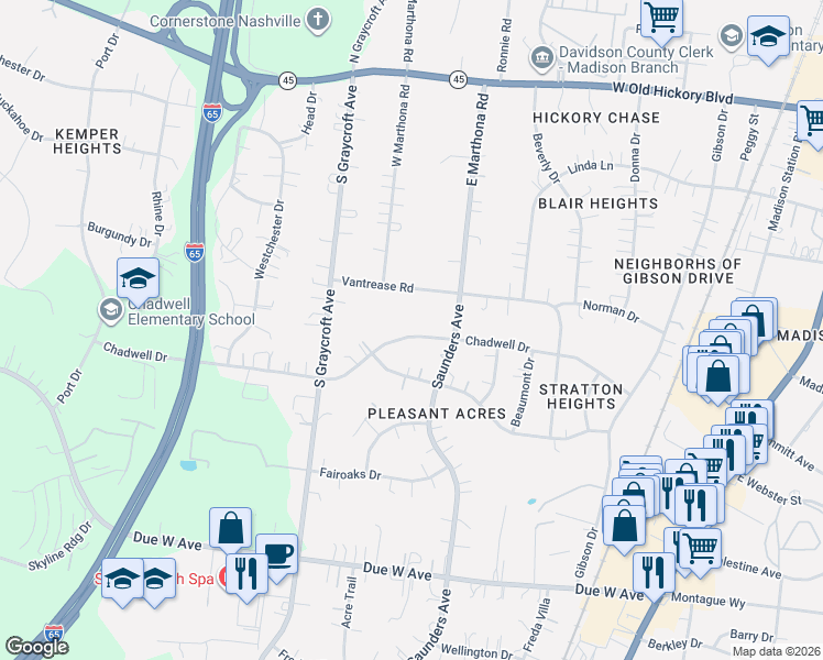 map of restaurants, bars, coffee shops, grocery stores, and more near 808 Chadwell Drive in Nashville