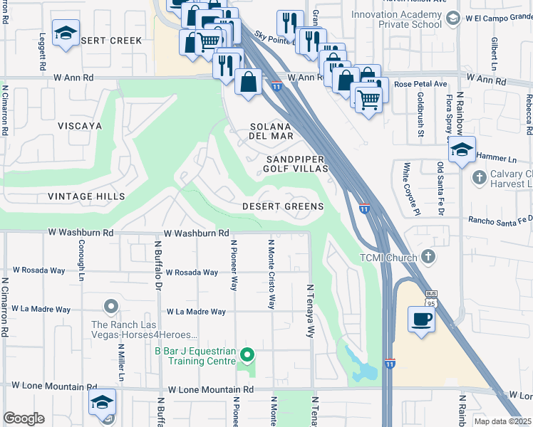map of restaurants, bars, coffee shops, grocery stores, and more near 5228 Crooked River Circle in Las Vegas