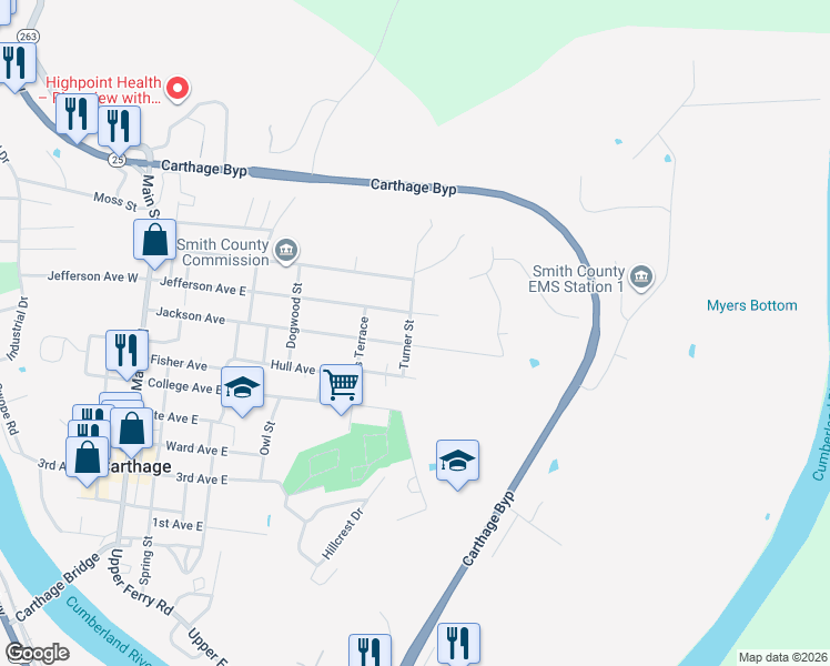 map of restaurants, bars, coffee shops, grocery stores, and more near 206 Turner Street in Carthage