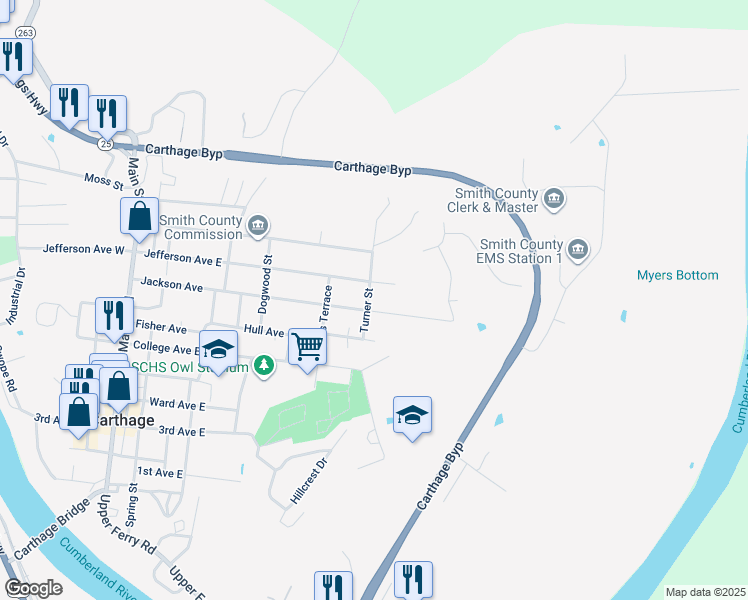 map of restaurants, bars, coffee shops, grocery stores, and more near 206 Turner Street in Carthage