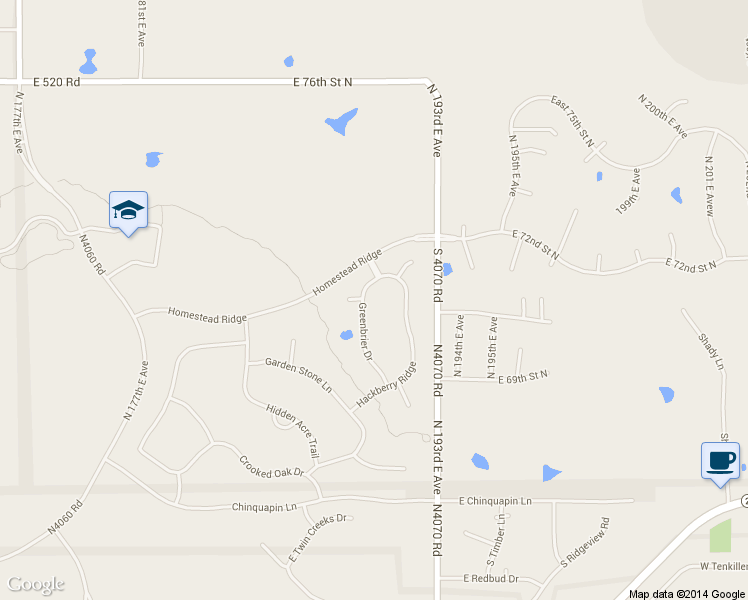 map of restaurants, bars, coffee shops, grocery stores, and more near 7063 Greenbrier Drive in Owasso