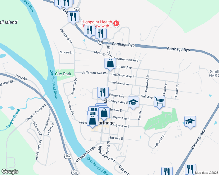 map of restaurants, bars, coffee shops, grocery stores, and more near 703 Main Street North in Carthage