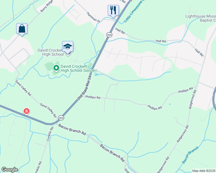 map of restaurants, bars, coffee shops, grocery stores, and more near 119 Country Hill Drive in Jonesborough