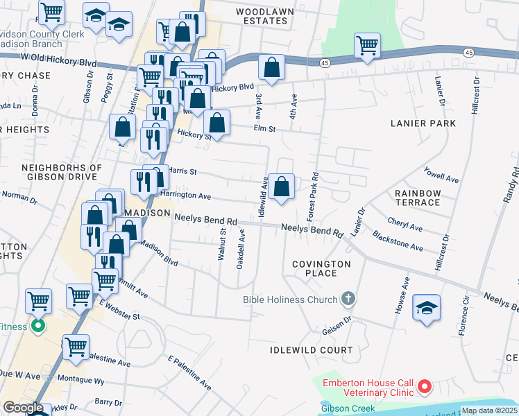 map of restaurants, bars, coffee shops, grocery stores, and more near 340 Harrington Avenue in Nashville