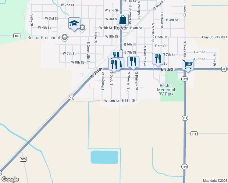 map of restaurants, bars, coffee shops, grocery stores, and more near 1115 S Dodd St in Rector