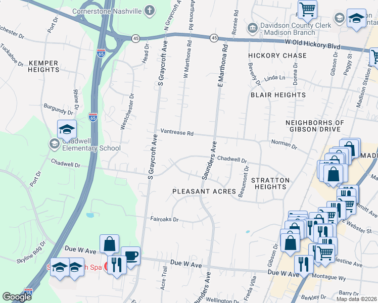 map of restaurants, bars, coffee shops, grocery stores, and more near 808 Chadwell Drive in Nashville