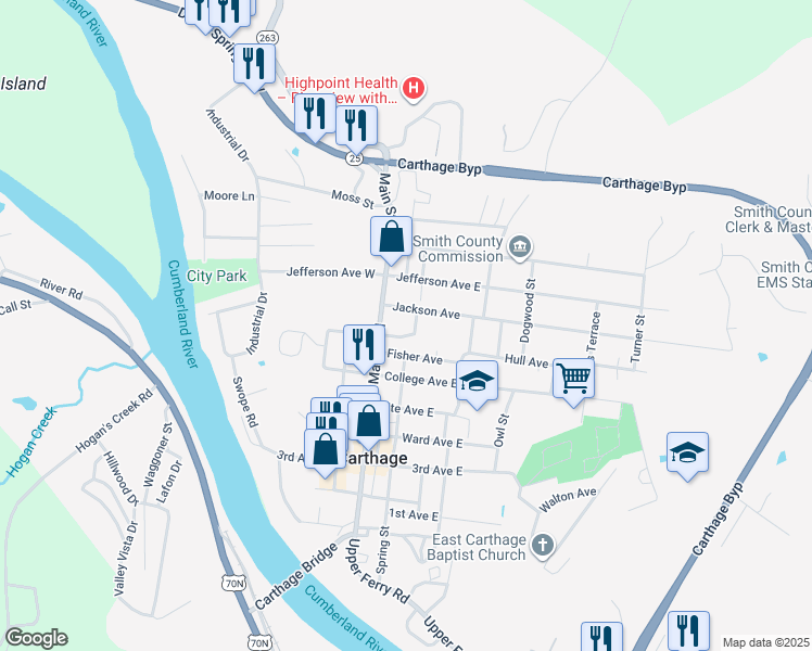 map of restaurants, bars, coffee shops, grocery stores, and more near 125 Mercedes Street in Carthage