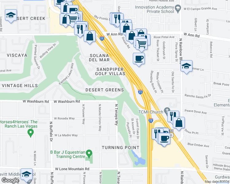 map of restaurants, bars, coffee shops, grocery stores, and more near 7208 Painted Shadows Way in Las Vegas
