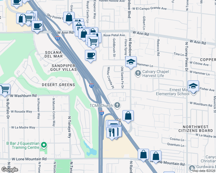 map of restaurants, bars, coffee shops, grocery stores, and more near 5209 White Coyote Place in Las Vegas