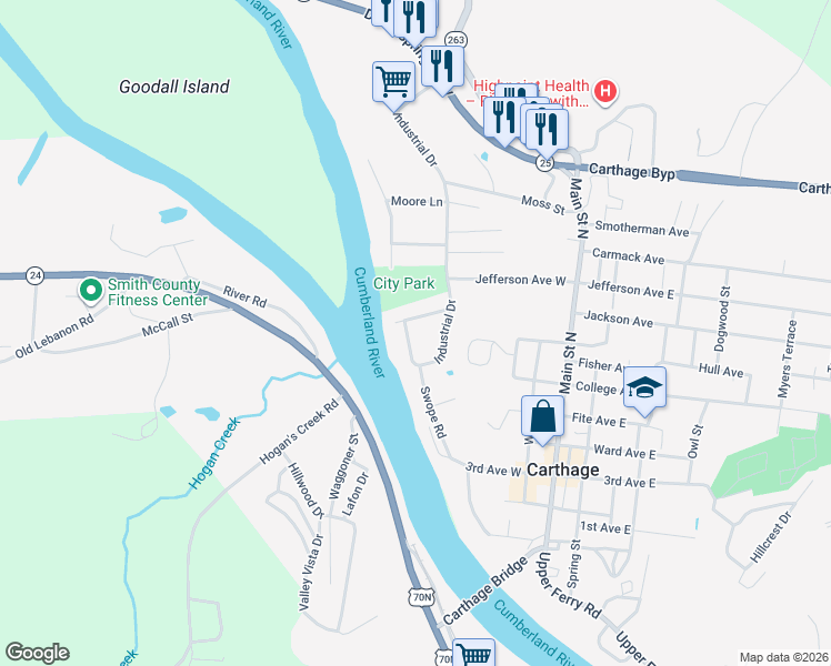 map of restaurants, bars, coffee shops, grocery stores, and more near 118 Riverside Drive in Carthage