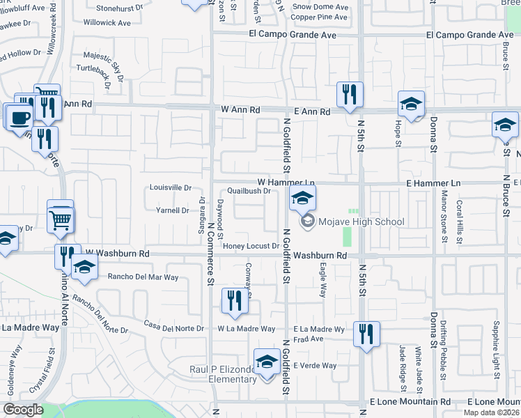 map of restaurants, bars, coffee shops, grocery stores, and more near 103 Queenswreath Drive in North Las Vegas
