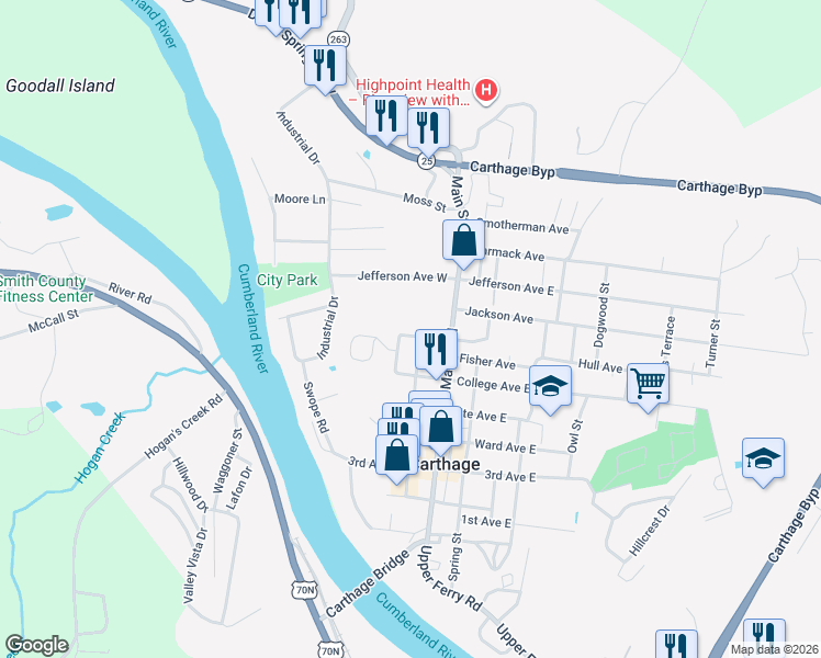 map of restaurants, bars, coffee shops, grocery stores, and more near 206 Morris Avenue in Carthage