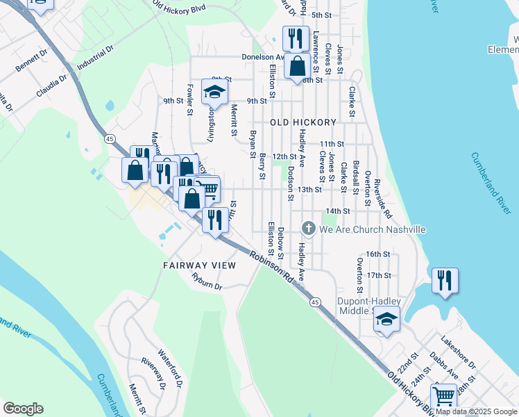 map of restaurants, bars, coffee shops, grocery stores, and more near 1314 Berry Street in Old Hickory