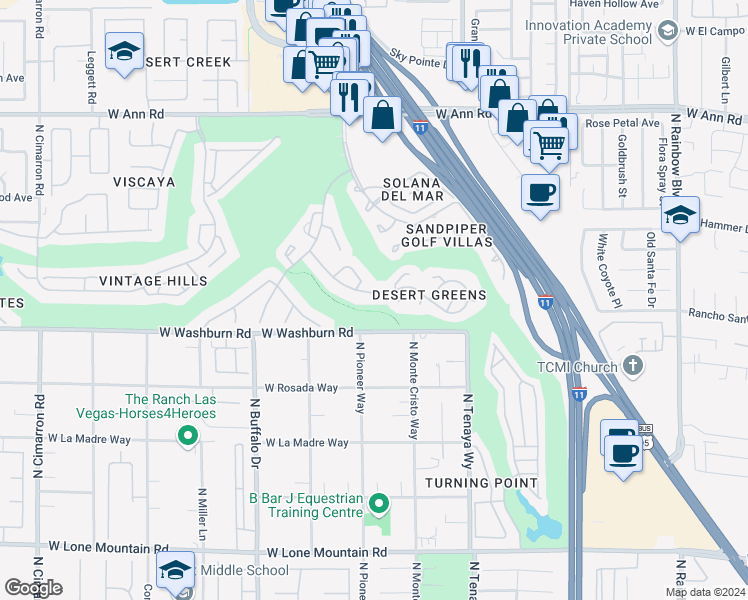 map of restaurants, bars, coffee shops, grocery stores, and more near 7401 Painted Shadows Way in Las Vegas
