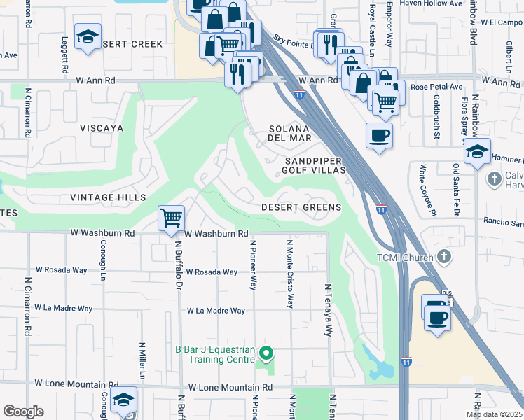 map of restaurants, bars, coffee shops, grocery stores, and more near 7401 Painted Shadows Way in Las Vegas