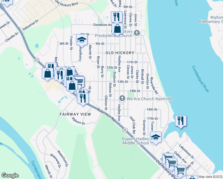 map of restaurants, bars, coffee shops, grocery stores, and more near 1311 Debow Street in Nashville