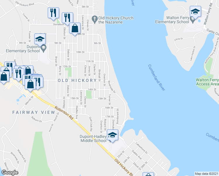 map of restaurants, bars, coffee shops, grocery stores, and more near 1304 Riverside Drive in Nashville