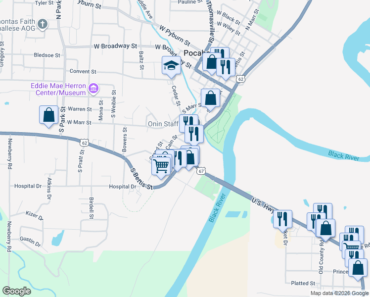 map of restaurants, bars, coffee shops, grocery stores, and more near 727 U.S. 67 in Pocahontas