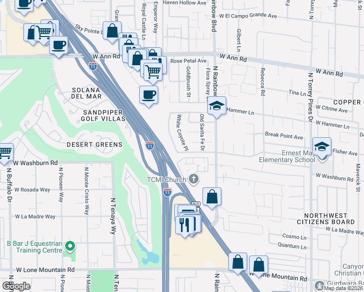 map of restaurants, bars, coffee shops, grocery stores, and more near 5213 White Coyote Place in Las Vegas