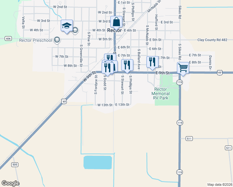 map of restaurants, bars, coffee shops, grocery stores, and more near 1213 South Main Street in Rector