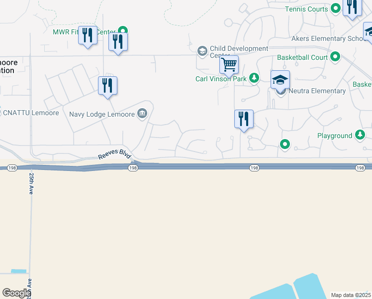 map of restaurants, bars, coffee shops, grocery stores, and more near 2501 Kennedy Avenue in Lemoore