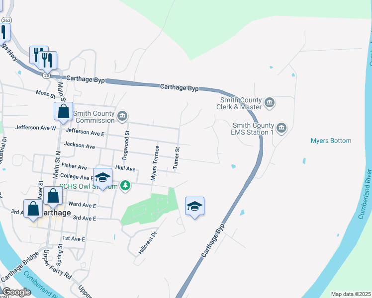 map of restaurants, bars, coffee shops, grocery stores, and more near 206 Turner Street in Carthage