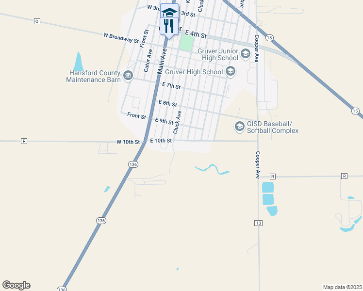 map of restaurants, bars, coffee shops, grocery stores, and more near E 10th St in Gruver