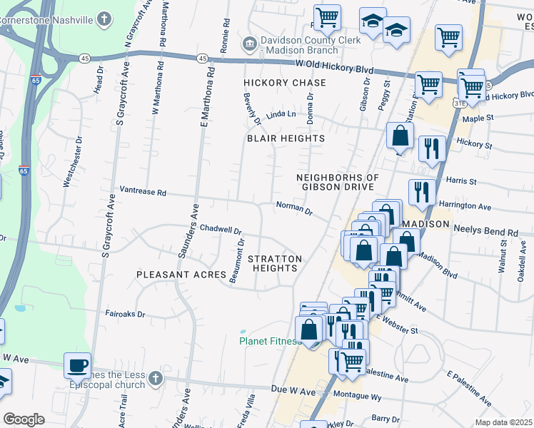 map of restaurants, bars, coffee shops, grocery stores, and more near 418 Norman Drive in Nashville