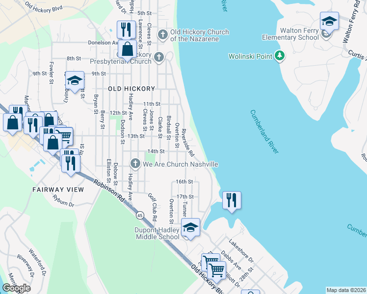 map of restaurants, bars, coffee shops, grocery stores, and more near 1304 Riverside Drive in Nashville