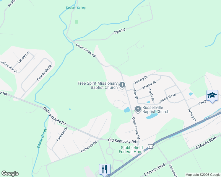 map of restaurants, bars, coffee shops, grocery stores, and more near 717 Cedar Creek Rd in Hamblen