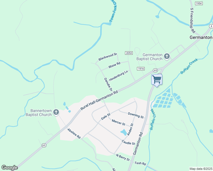 map of restaurants, bars, coffee shops, grocery stores, and more near 1531 Danube Drive in Germanton