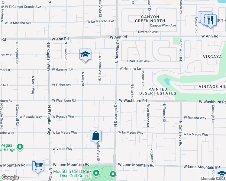 map of restaurants, bars, coffee shops, grocery stores, and more near 5269 North Durango Drive in Las Vegas
