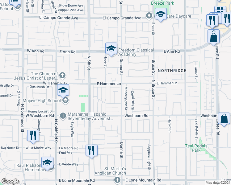 map of restaurants, bars, coffee shops, grocery stores, and more near 5332 North Carlsbad Heights Street in North Las Vegas