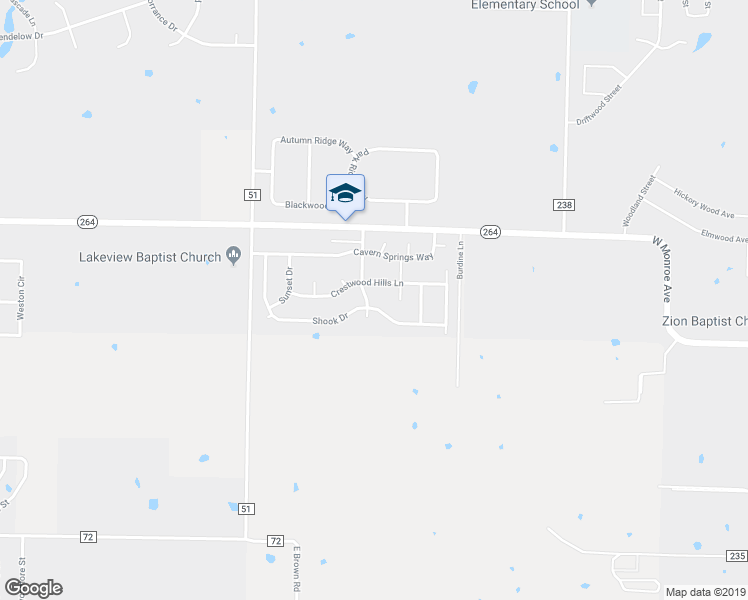 map of restaurants, bars, coffee shops, grocery stores, and more near 1600 Shook Drive in Cave Springs