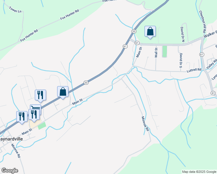 map of restaurants, bars, coffee shops, grocery stores, and more near 1590 Main Street in Maynardville