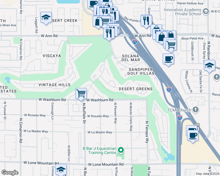map of restaurants, bars, coffee shops, grocery stores, and more near 7425 Painted Shadows Way in Las Vegas