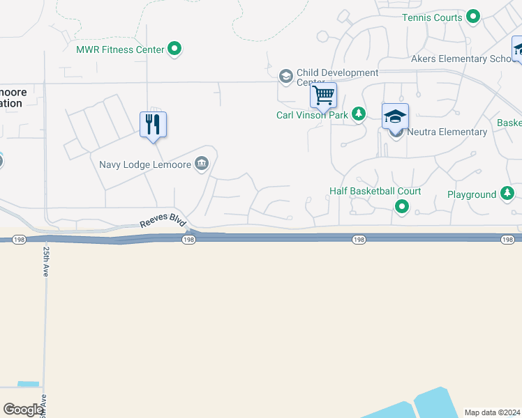 map of restaurants, bars, coffee shops, grocery stores, and more near 2501-2539 Kennedy Avenue in Lemoore