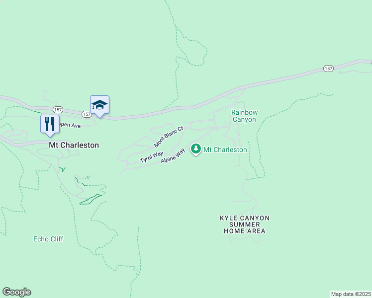 map of restaurants, bars, coffee shops, grocery stores, and more near 386 Alpine Way in Mount Charleston