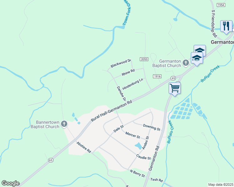 map of restaurants, bars, coffee shops, grocery stores, and more near 1531 Danube Drive in Germanton