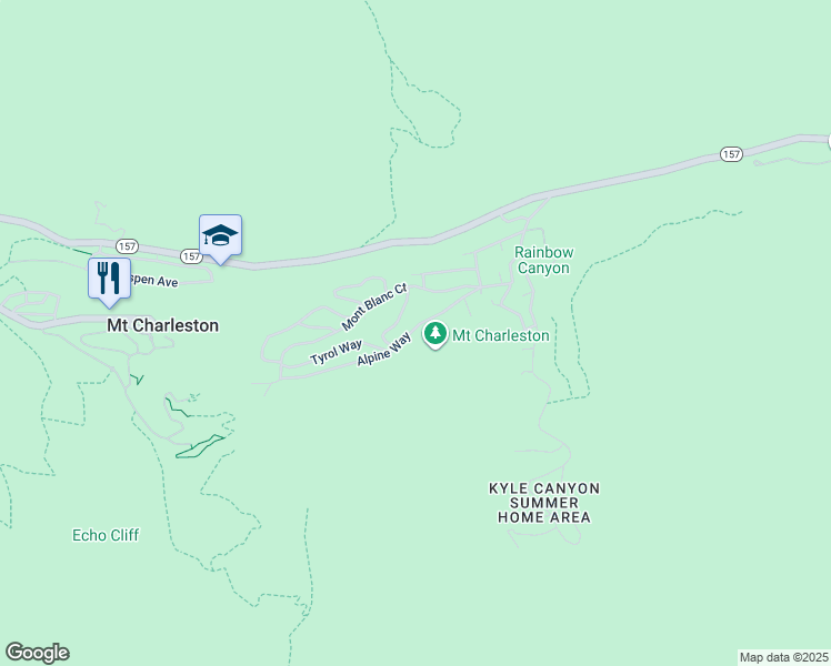 map of restaurants, bars, coffee shops, grocery stores, and more near 386 Alpine Way in Mount Charleston
