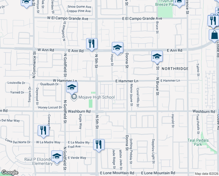 map of restaurants, bars, coffee shops, grocery stores, and more near 5325 North La Quinta Hills Street in North Las Vegas