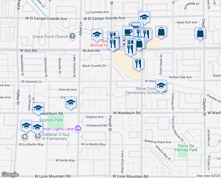 map of restaurants, bars, coffee shops, grocery stores, and more near Ferrell Street in North Las Vegas
