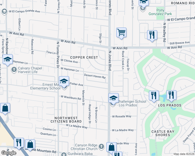 map of restaurants, bars, coffee shops, grocery stores, and more near 6125 Desert Haven Road in Las Vegas