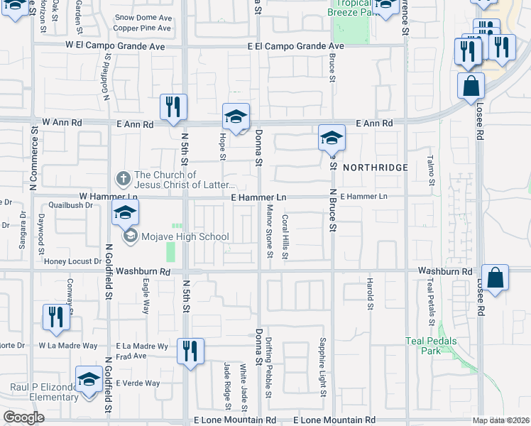 map of restaurants, bars, coffee shops, grocery stores, and more near 5329 Manor Stone Street in North Las Vegas