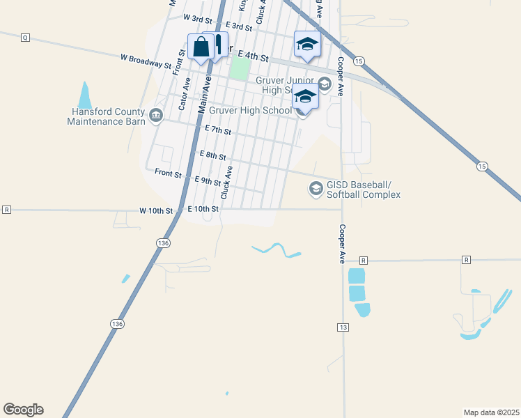 map of restaurants, bars, coffee shops, grocery stores, and more near East 10th Street in Gruver