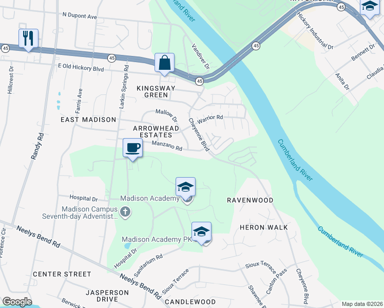 map of restaurants, bars, coffee shops, grocery stores, and more near 216 Manzano Road in Nashville