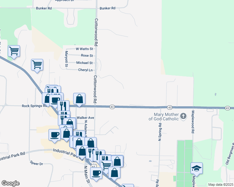 map of restaurants, bars, coffee shops, grocery stores, and more near 805 Cottonwood Road in Harrison