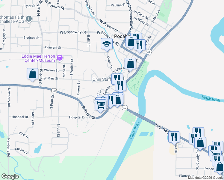 map of restaurants, bars, coffee shops, grocery stores, and more near 727 U.S. 67 in Pocahontas