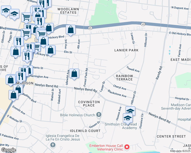 map of restaurants, bars, coffee shops, grocery stores, and more near 501 Forest Park Road in Madison